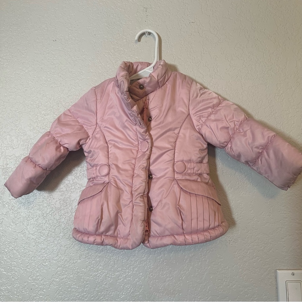 London Fog Pink Puffer Jacket with Gray Faux Fur lined Hood Size 2T‎